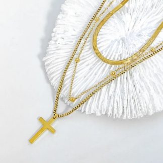 STEEL TRIPLE NECKLACE WITH A CROSS (CODE:0229)