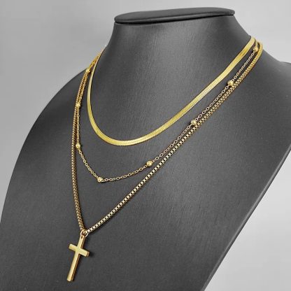 Triple Necklace made of steel, with Balls and Cross, in gold color (CODE: 0229)