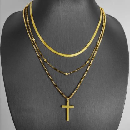 Triple Necklace made of steel, with Balls and Cross, in gold color (CODE: 0229)