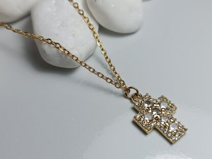 GOLD-PLATED STEEL CROSS WITH WHITE ZIRCONIA WITH CHAIN AND CHAIN OF INCREASE (CODE: 78585)