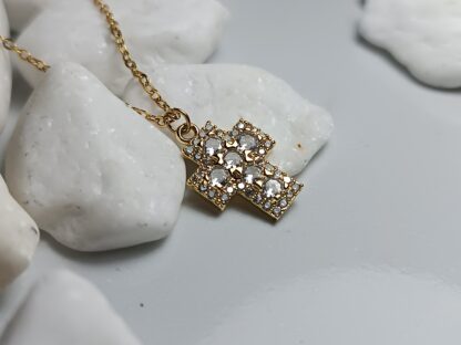 GOLD-PLATED STEEL CROSS WITH WHITE ZIRCONIA WITH CHAIN AND CHAIN OF INCREASE (CODE: 78585)