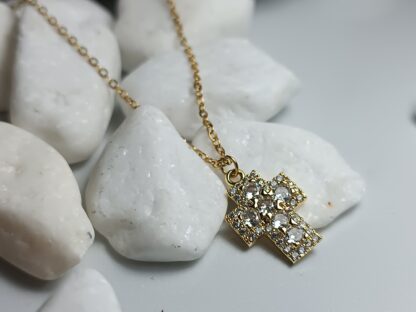 GOLD-PLATED STEEL CROSS WITH WHITE ZIRCONIA WITH CHAIN AND CHAIN OF INCREASE (CODE: 78585)