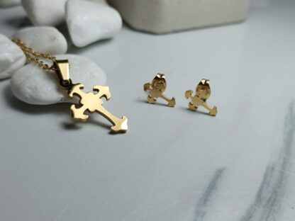 GOLD-PLATED STEEL CROSS WITH EARRINGS (CODE: 1515)