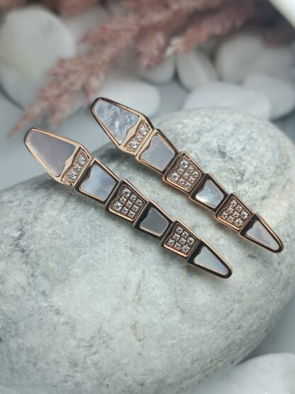 Steel dangling earrings in rose gold and white enamel with zircons (CODE:9866)