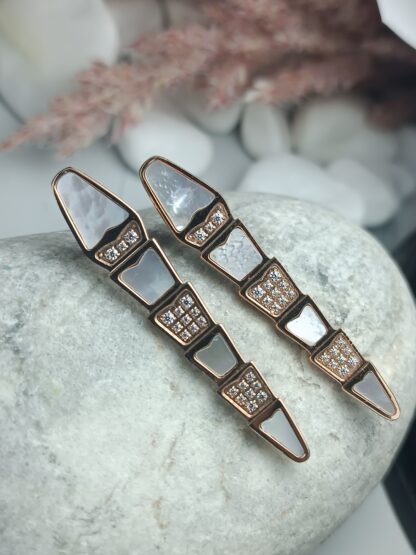 Steel dangling earrings in rose gold and white enamel with zircons (CODE:9866)