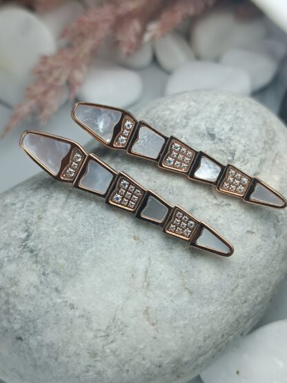 Steel dangling earrings in rose gold and white enamel with zircons (CODE:9866)