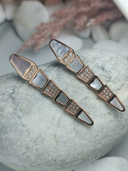 Steel dangling earrings in rose gold and white enamel with zircons (CODE:9866)