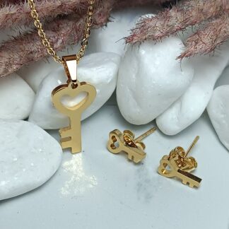 Steel Gold Plated Key Necklace in Gold with Earrings (CODE:9651)