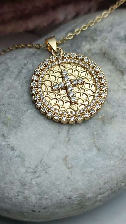 Constantinato with a round pattern with an embossed cross with white zircons (CODE: 22881)