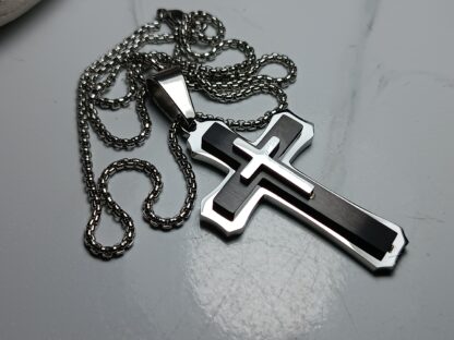 Men's black matte steel cross with embossed cross with chain (CODE: 77891)