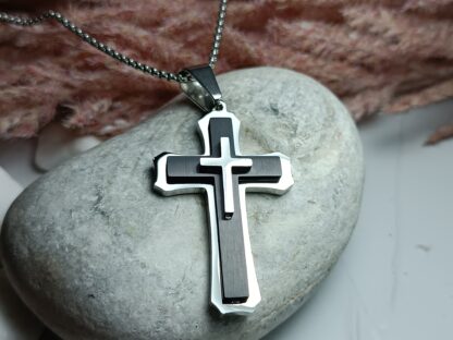 Men's black matte steel cross with embossed cross with chain (CODE: 77891)