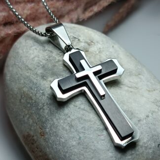 Men's black matte steel cross with embossed cross with chain (CODE: 77891)