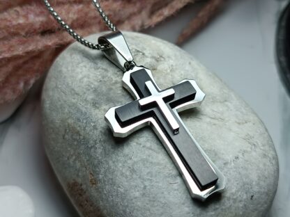 Men's black matte steel cross with embossed cross with chain (CODE: 77891)