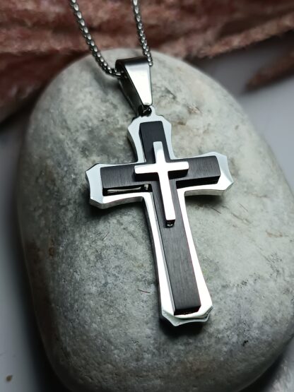 Men's black matte steel cross with embossed cross with chain (CODE: 77891)