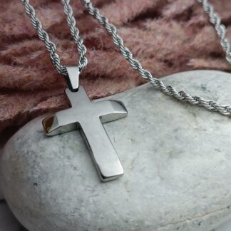 Men's steel cross with shiny surface and chain (CODE: 78412)