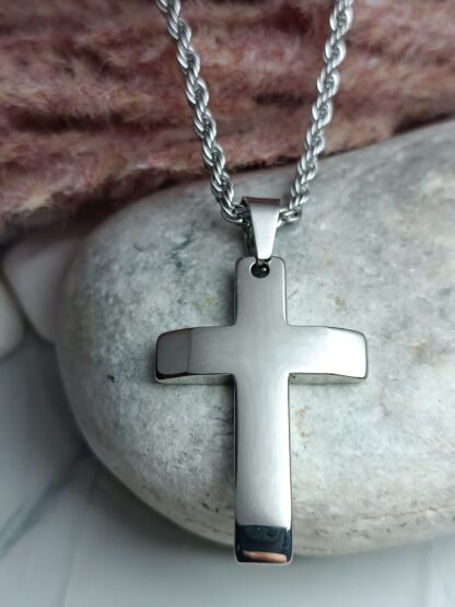 Men's steel cross with shiny surface and chain (CODE: 78412)