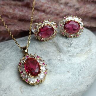 Rosette steel necklace with red stone together with earrings (CODE:027451)