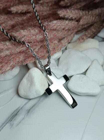 Men's steel cross with shiny surface and chain (CODE: 78412)