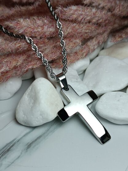 Men's steel cross with shiny surface and chain (CODE: 78412)