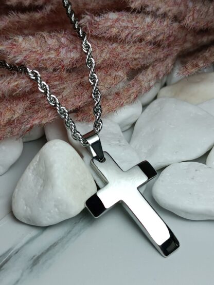 Men's steel cross with shiny surface and chain (CODE: 78412)