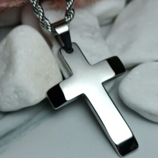 Men's steel cross with shiny surface and chain (CODE: 78412)