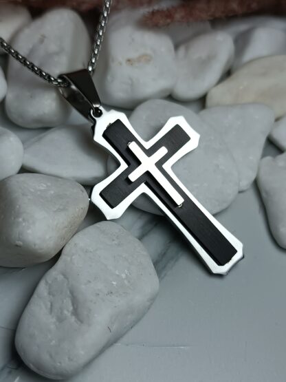 Men's black matte steel cross with embossed cross with chain (CODE: 77891)