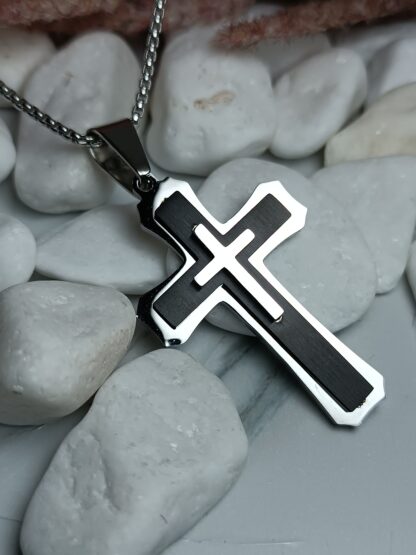 Men's black matte steel cross with embossed cross with chain (CODE: 77891)