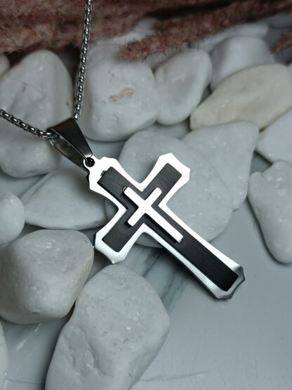 Men's black matte steel cross with embossed cross with chain (CODE: 77891)