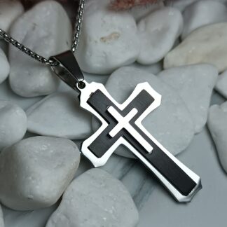 Men's black matte steel cross with embossed cross with chain (CODE: 77891)