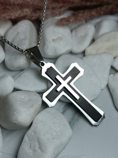 Men's black matte steel cross with embossed cross with chain (CODE: 77891)