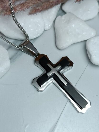 Men's black matte steel cross with embossed cross with chain (CODE: 77891)