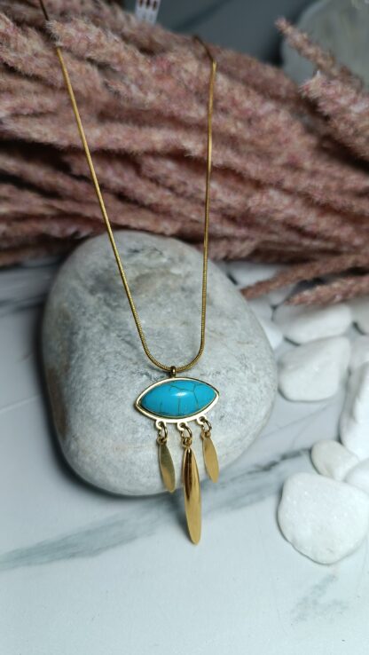 Steel necklace with turquoise stones in gold color (CODE: 01616)