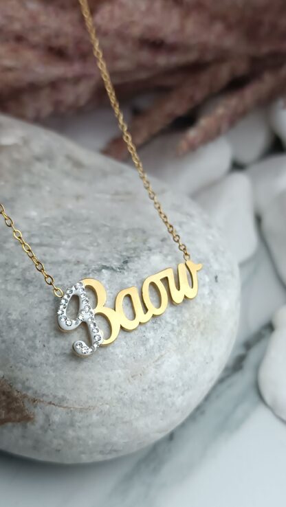 Steel necklace with the name "VASO" gold-plated with zircons in gold color (CODE: 02020)