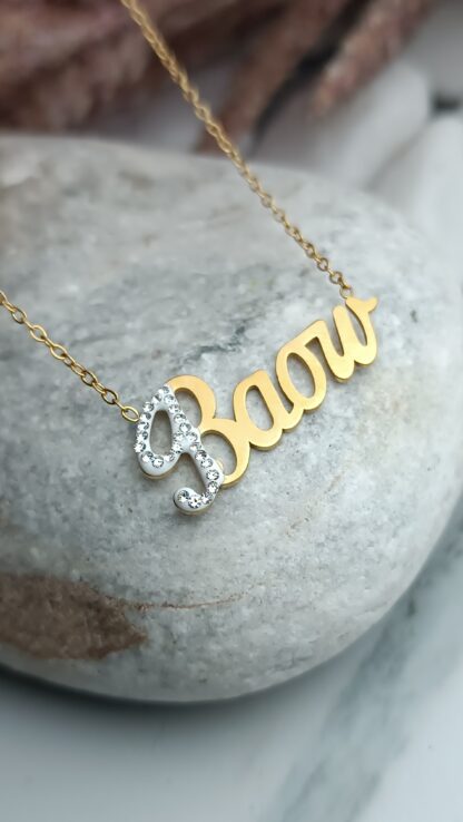 Steel necklace with the name "VASO" gold-plated with zircons in gold color (CODE: 02020)