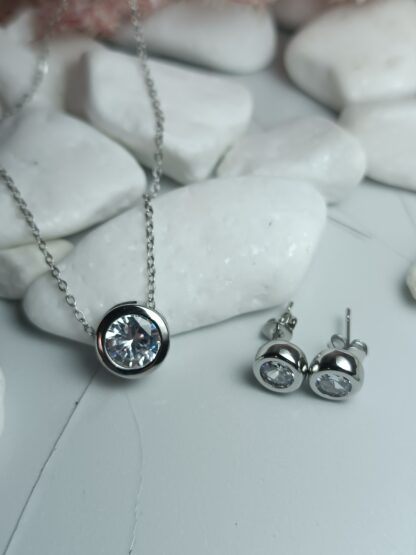 925 silver platinum plated necklace with round zircon together with earrings (CODE:53301))