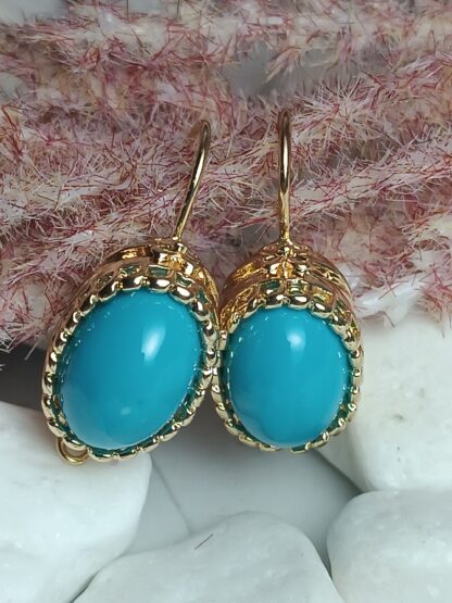 Steel Dangle Earrings Gold with Turquoise (CODE:5527)