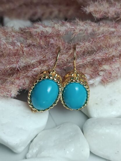 Steel Dangle Earrings Gold with Turquoise (CODE:5527)