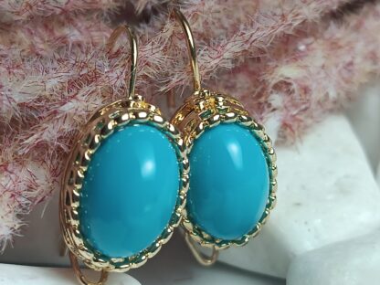 Steel Dangle Earrings Gold with Turquoise (CODE:5527)