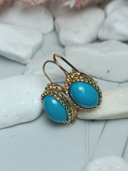 Steel Dangle Earrings Gold with Turquoise (CODE:5527)