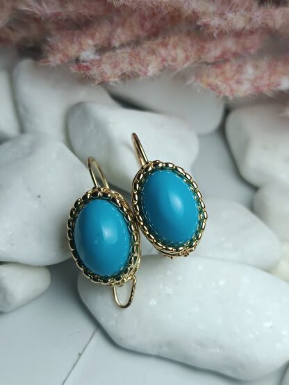 Steel Dangle Earrings Gold with Turquoise (CODE:5527)