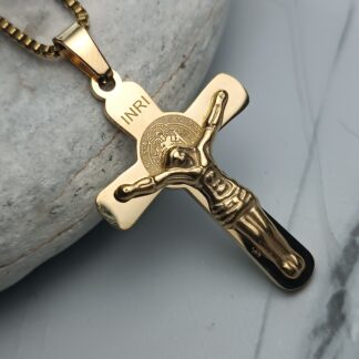 Men's black matte steel cross with embossed cross with chain (CODE: 00781)