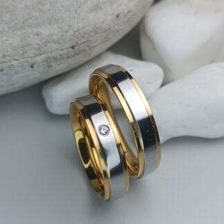 Two-tone mirror wedding rings with a zircon (CODE: 5511)