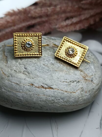 Steel Earrings Byzantine Squares with Zircon (CODE: 004421)