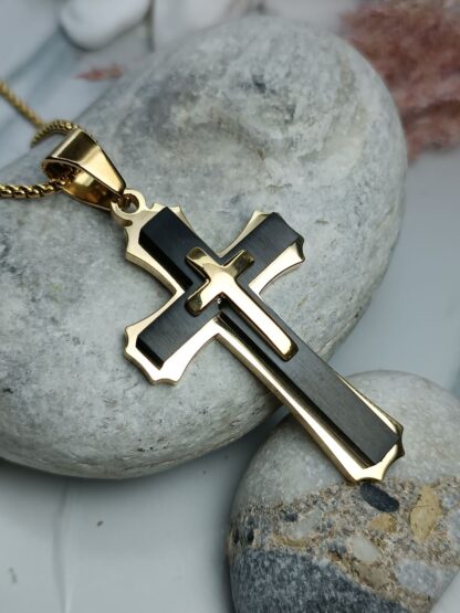 Men's black matte steel cross with embossed cross with chain (CODE: 00781)