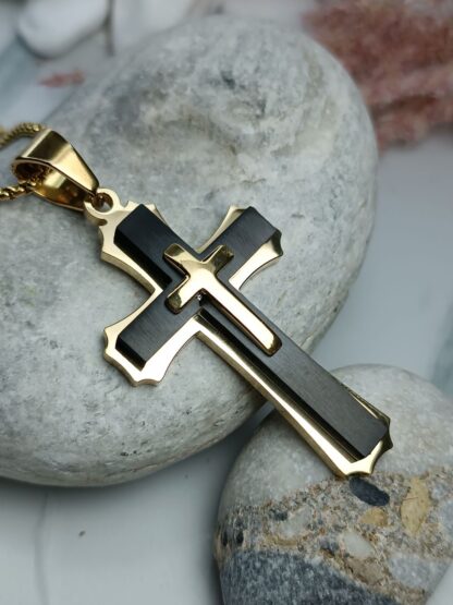 Men's black matte steel cross with embossed cross with chain (CODE: 00781)