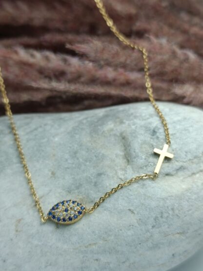 Steel eyelet necklace with a cross with zircon stones (CODE: 005211)