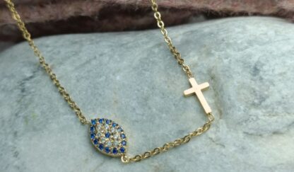 Steel eyelet necklace with a cross with zircon stones (CODE: 005211)