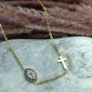 Steel eyelet necklace with a cross with zircon stones (CODE: 005211)