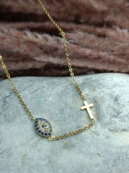 Steel eyelet necklace with a cross with zircon stones (CODE: 005211)