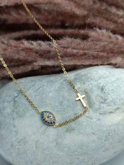 Steel eyelet necklace with a cross with zircon stones (CODE: 005211)